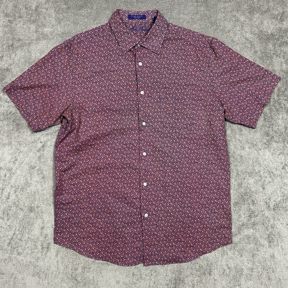 Alan Flusser Shirt Mens Linen Blend Button Up Large Relaxed Navy Pink Floral